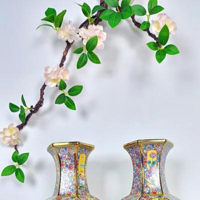 cặp bình men vàng hoạ tiết tứ quý, bình lục giác
